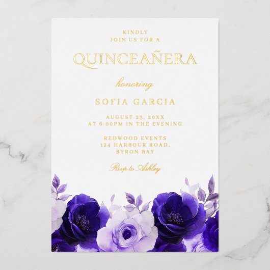 Mitternacht Navy Elegantes Gold Foil Quinceanera P Folieneinladung (Vorderseite)