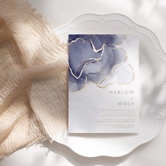 Mitternacht Navy Gold Elegante Moderne Hochzeit Einladung