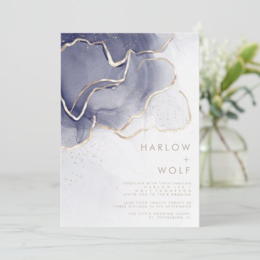 Mitternacht Navy Gold Elegante Moderne Hochzeit Einladung (Stehend Vorderseite)