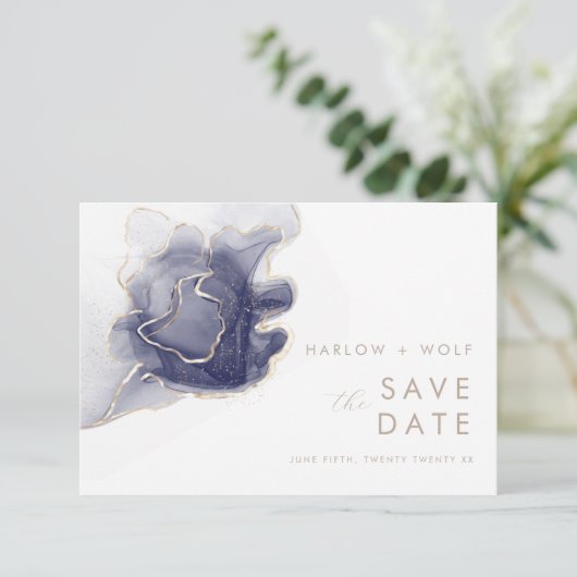 Mitternacht Navy Gold Elegante Moderne Save the Da Save The Date (Stehend Vorderseite)