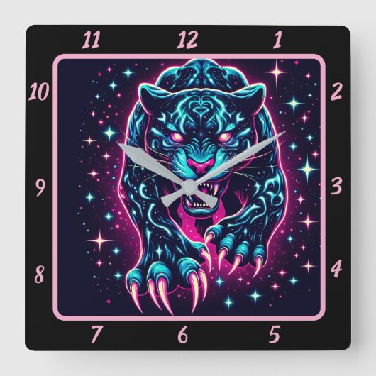 Mitternacht Panther Electric Neon Timer Quadratische Wanduhr (Vorderseite)