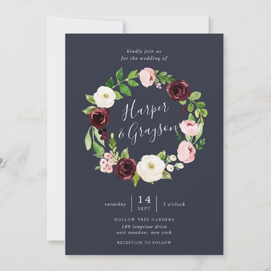 Mitternacht-Romance Wreath Wedding Einladung (Vorderseite)