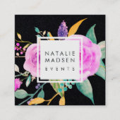 Mitternacht Rosa Floral | Schwarz Quadratische Visitenkarte (Vorderseite)