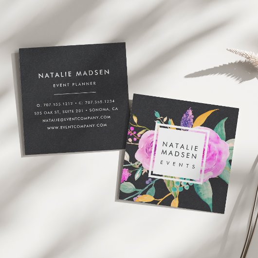 Mitternacht Rosa Floral | Schwarz Quadratische Visitenkarte