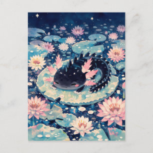 Mitternacht Schwarz Kawaii Axolotl Teich Postkarte