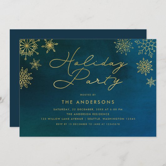 Mitternacht Wasserfarbenpräsenz Gold Snowflake Einladung (Vorne/Hinten)