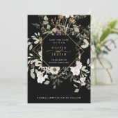 Mitternacht-Wildblumen | Schwarz Geometrisch Save The Date (Stehend Vorderseite)