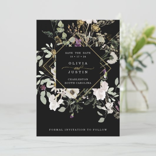Mitternacht-Wildblumen | Schwarz Geometrisch Save The Date (Stehend Vorderseite)