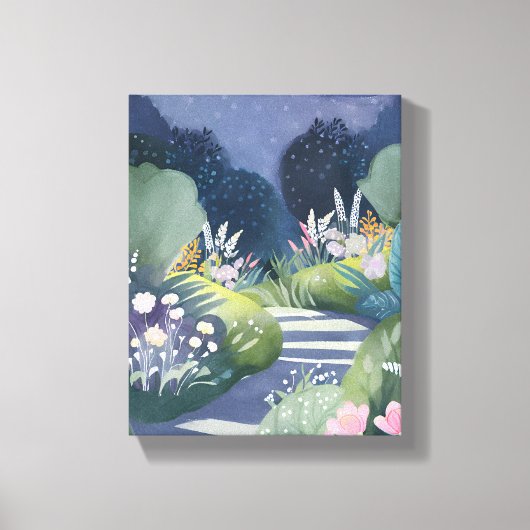 Mitternachtgarten | Blumenweg Wasserfarbe Leinwanddruck (Vorderseite)