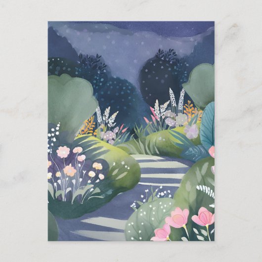 Mitternachtgarten | Blumenweg Wasserfarbe Postkarte (Vorderseite)