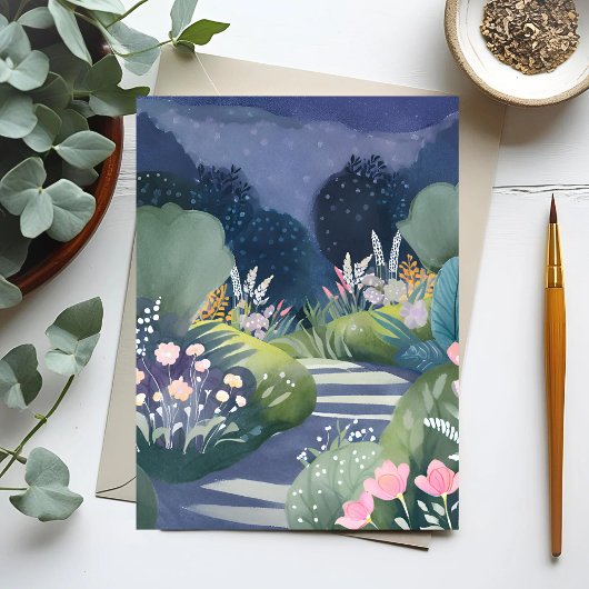 Mitternachtgarten | Blumenweg Wasserfarbe Postkarte