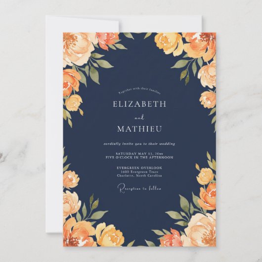 Mitternachts-Amber-Ranunculus-Eukalyptus-Hochzeit Einladung (Vorderseite)
