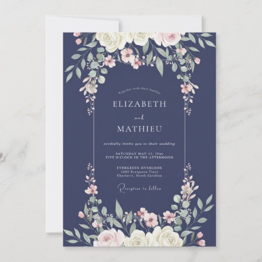 Mitternachts-Blush-Blüten-Hochzeit Einladung (Vorderseite)