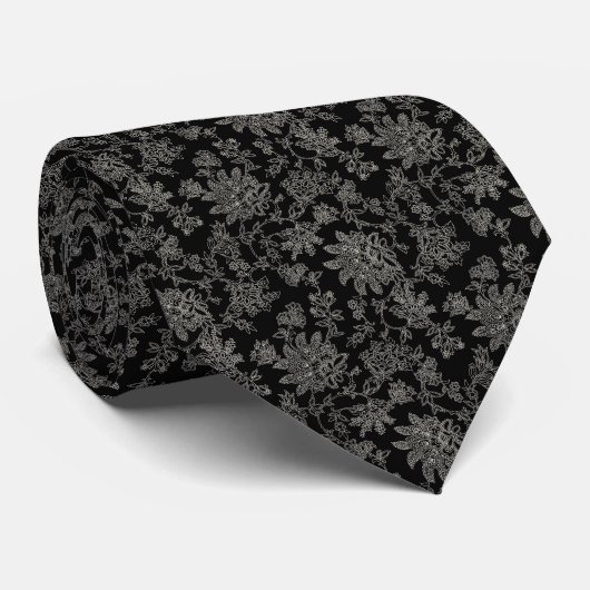 Mitternachts-Blüten-Spitzen-Blumenmuster-Hochzeit Krawatte (Gerollt)