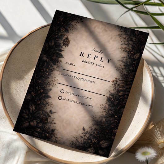 Mitternachts-Botanical-Gothic-Hochzeit RSVP Karte