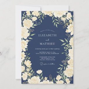 Mitternachts-Cream-Elfenbein-Blüten-Hochzeit Einladung