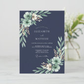 Mitternachts-Eukalyptus-Hochzeit mit Blättern Einladung (Stehend Vorderseite)