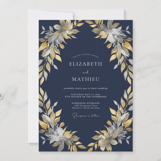 Mitternachts-Gold-Blatt-Hochzeit Einladung (Vorderseite)