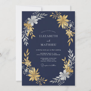 Mitternachts-Gold-Blüten-Hochzeit Einladung