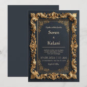 Mitternachts-Gold-Filigran-Rand-Hochzeit Einladung (Vorne/Hinten)