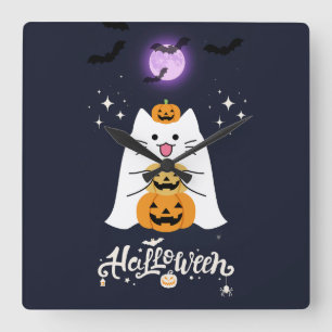 Mitternachts-Halloween-Katze – Gruselige und süße Quadratische Wanduhr
