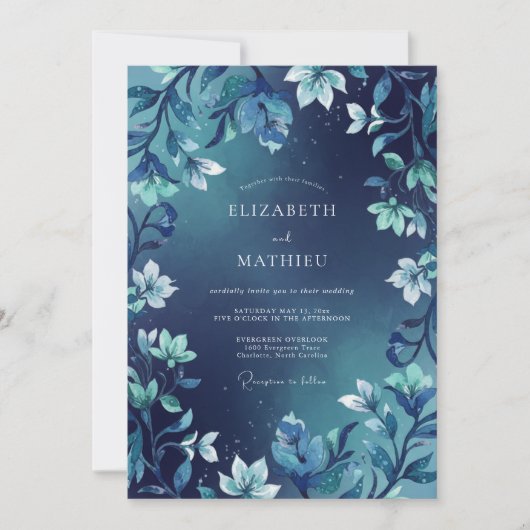 Mitternachts Indigo Blätter Hochzeit Einladung (Vorderseite)