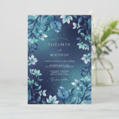 Mitternachts Indigo Blätter Hochzeit Einladung (Stehend Vorderseite)