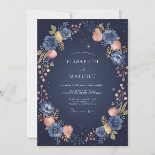 Mitternachts Indigo Frucht Eukalyptus Hochzeit Einladung (Vorderseite)