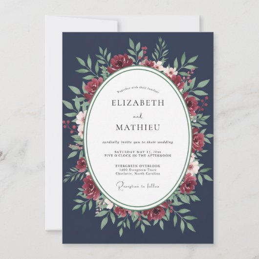 Mitternachts-Karmesin-Kranz-Hochzeit Einladung (Vorderseite)