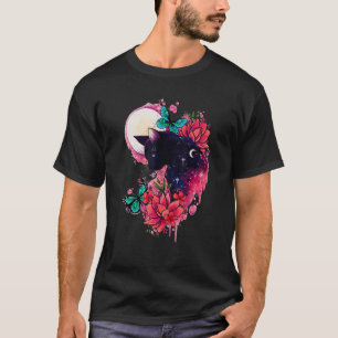 Mitternachts Katze Blume Schmetterlinge Mond T-Shirt