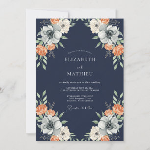 Mitternachts-Korallen-Blüten-Hochzeit Einladung