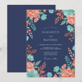 Mitternachts-Korallen-Hochzeit mit Blättern Einladung (Vorne/Hinten)