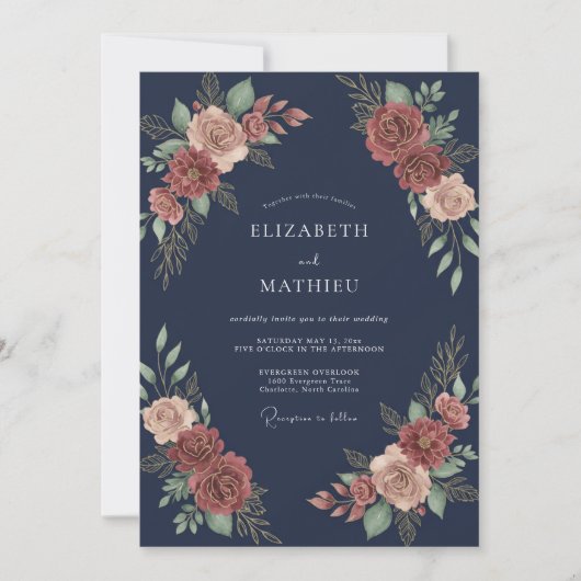 Mitternachts-Kupfer-Blüten-Hochzeit Einladung (Vorderseite)