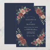 Mitternachts-Kupfer-Blüten-Hochzeit Einladung (Vorne/Hinten)
