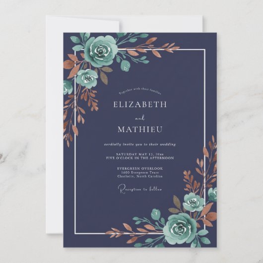 Mitternachts-Kupfer-Blüten-Hochzeit Einladung (Vorderseite)