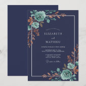 Mitternachts-Kupfer-Blüten-Hochzeit Einladung (Vorne/Hinten)