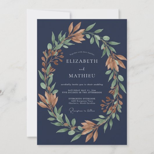 Mitternachts-Kupferlaub-Eukalyptus-Hochzeit Einladung (Vorderseite)