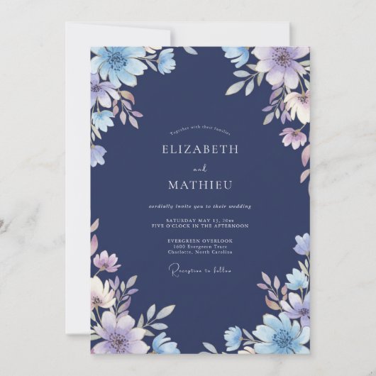 Mitternachts-Lilak-Anemonen-Hochzeit Einladung (Vorderseite)
