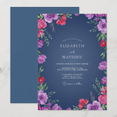 Mitternachts-Magenta-Wildblumenhochzeit Einladung (Vorne/Hinten)