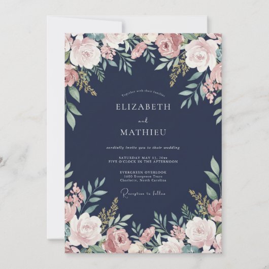 Mitternachts-Malven-Blüten-Hochzeit Einladung (Vorderseite)