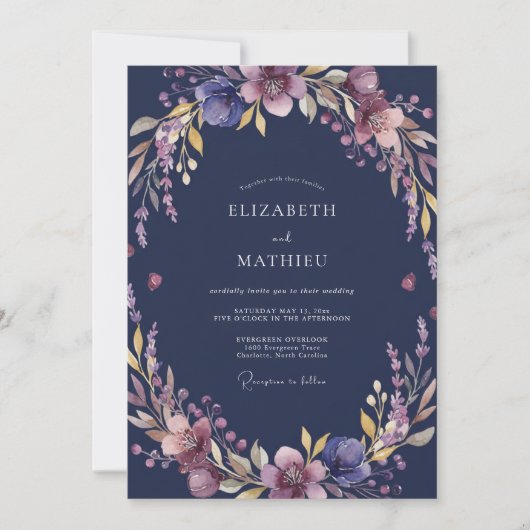Mitternachts-Malven-Wildblumen-Hochzeit Einladung (Vorderseite)