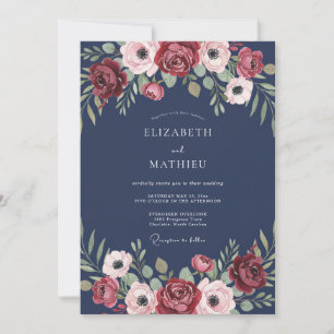 Mitternachts-Maronen-Anemonen-Hochzeit Einladung