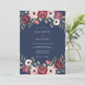 Mitternachts-Maronen-Anemonen-Hochzeit Einladung (Stehend Vorderseite)
