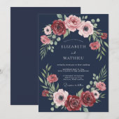 Mitternachts-Marsala-Blatt-Hochzeit Einladung (Vorne/Hinten)