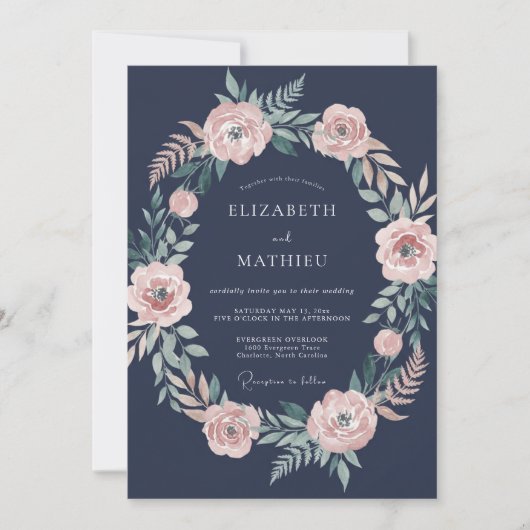 Mitternachts-Mauve-Kranz-Hochzeit Einladung (Vorderseite)