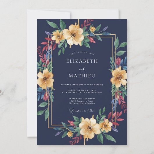 Mitternachts-Ocker-Laub-Eukalyptus-Hochzeit Einladung (Vorderseite)