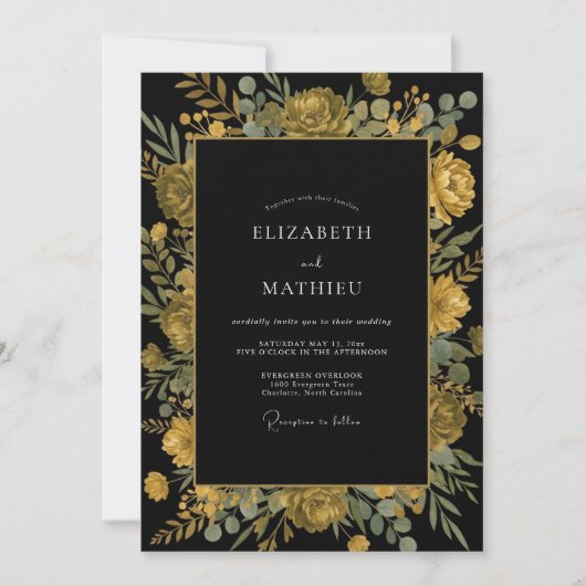 Mitternachts-Ocker-Ranunculus-Eukalyptus-Hochzeit Einladung (Vorderseite)