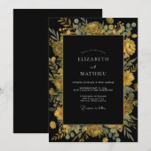 Mitternachts-Ocker-Ranunculus-Eukalyptus-Hochzeit Einladung (Vorne/Hinten)