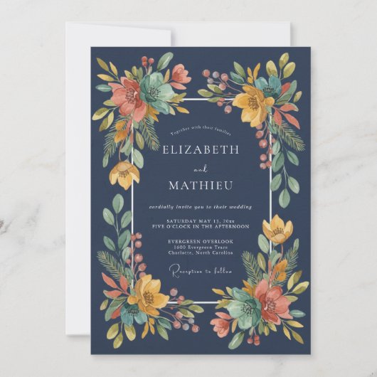 Mitternachts-Ocker-Wildblumen-Hochzeit Einladung (Vorderseite)