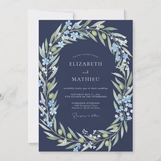 Mitternachts-Olivenzweig-Sage-Hochzeit Einladung (Vorderseite)
